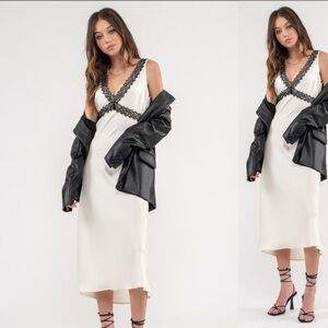 Cream Satin Midi Dress w/ Lace Trim